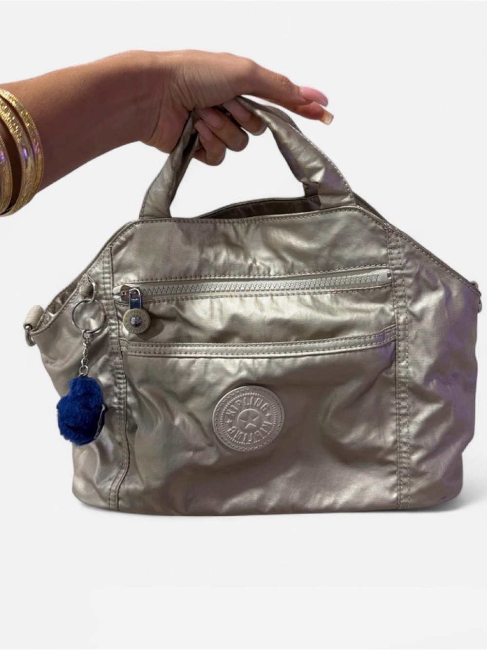 Kipling Metallic Silver Satchel with Blue Pom Charm